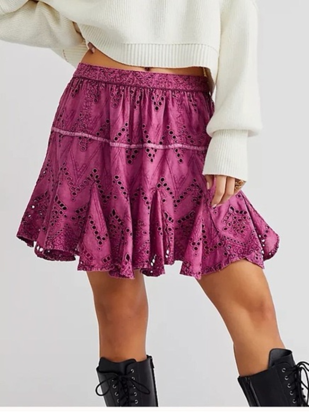 Free People Serenity Mini Skort with Eyelet Embroidery in Magenta Mulberry